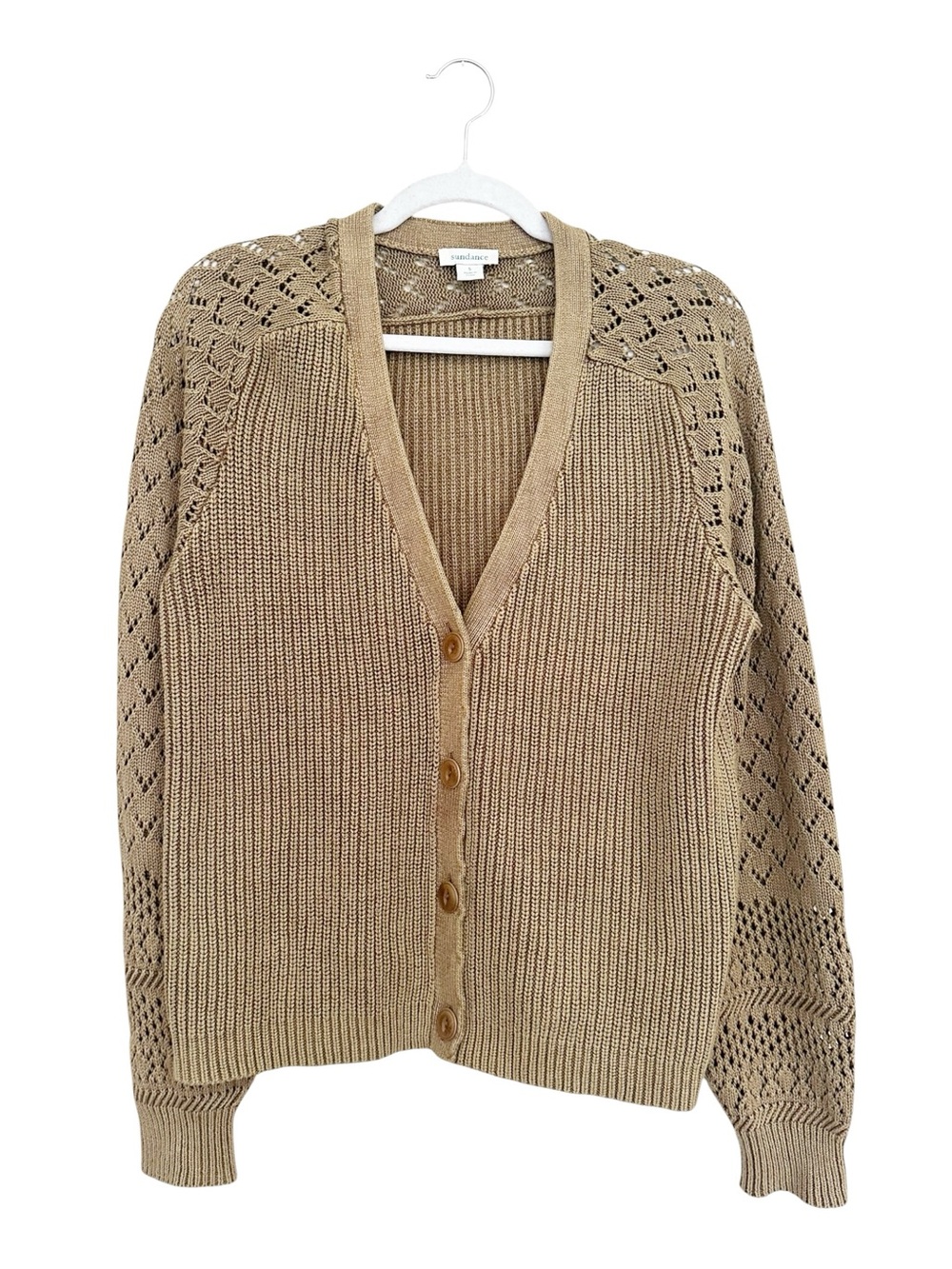 Sundance "My Darling" Ribbed & Pointelle Knit Cardigan Sweater Tan Size Small